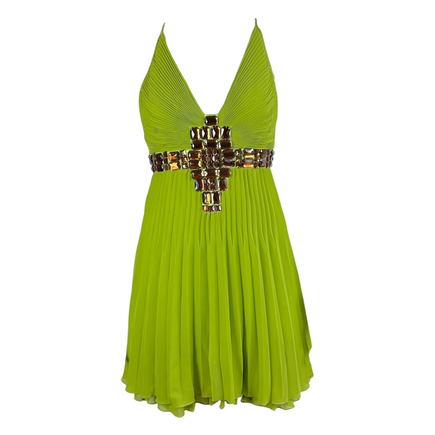 Roberto Cavalli Bright Green Rhinestone Pleated Mini Dress