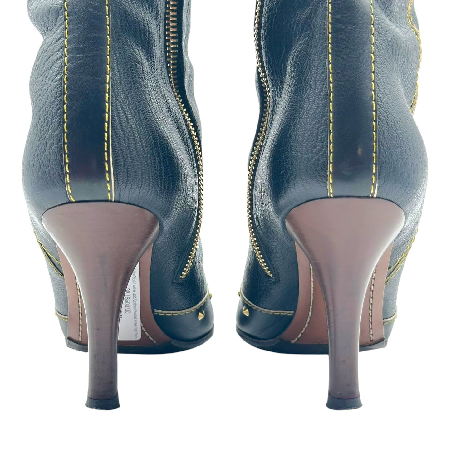 Louis Vuitton Black Leather Gold Studded Heeled Knee High Boots