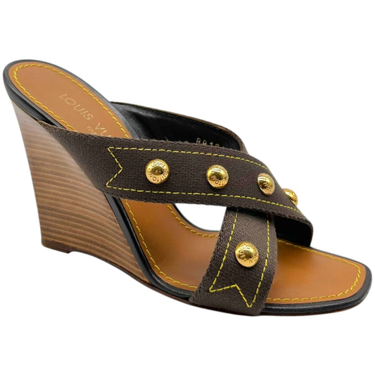 Louis Vuitton Gold Studded Cross Front Wooden Mule Heels - Outfit Repeater