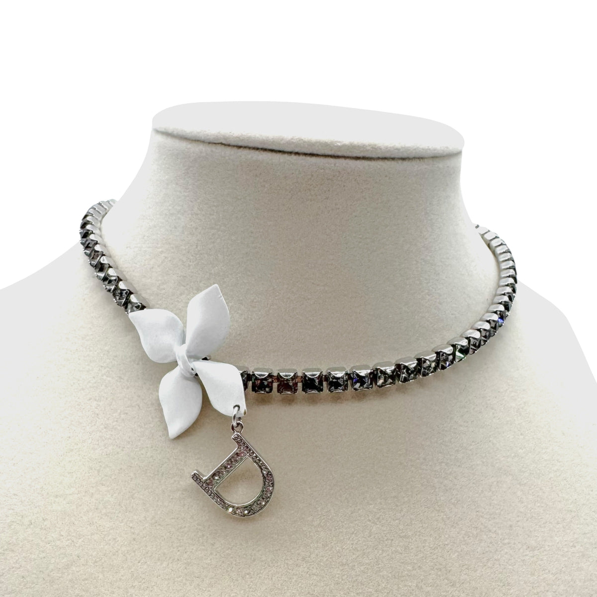 Christian Dior 'Girly Dior' Silver Crystal Tennis Chain & White Flower Choker Necklace