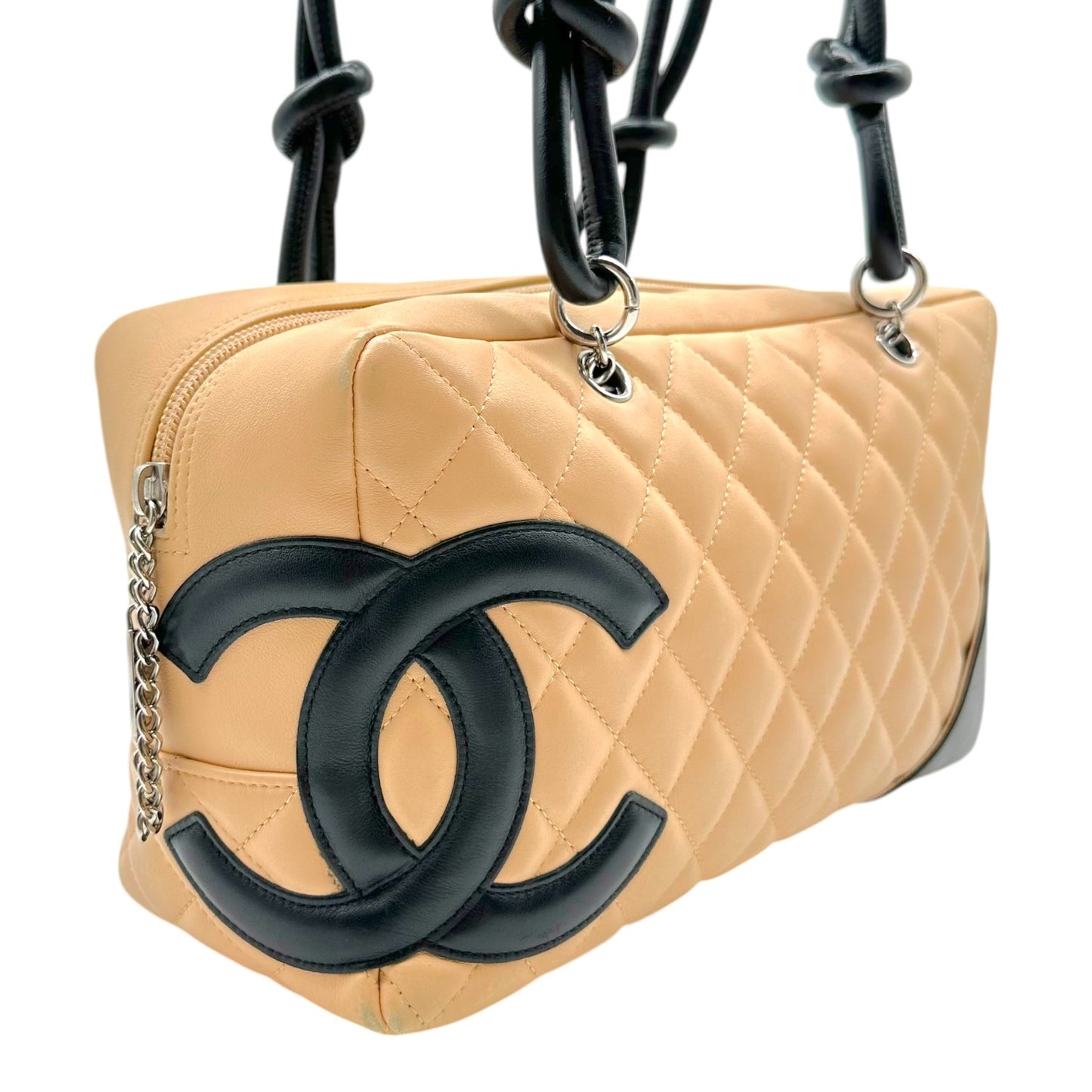 Chanel Bowler Bag Beige Black Matelasse Leather