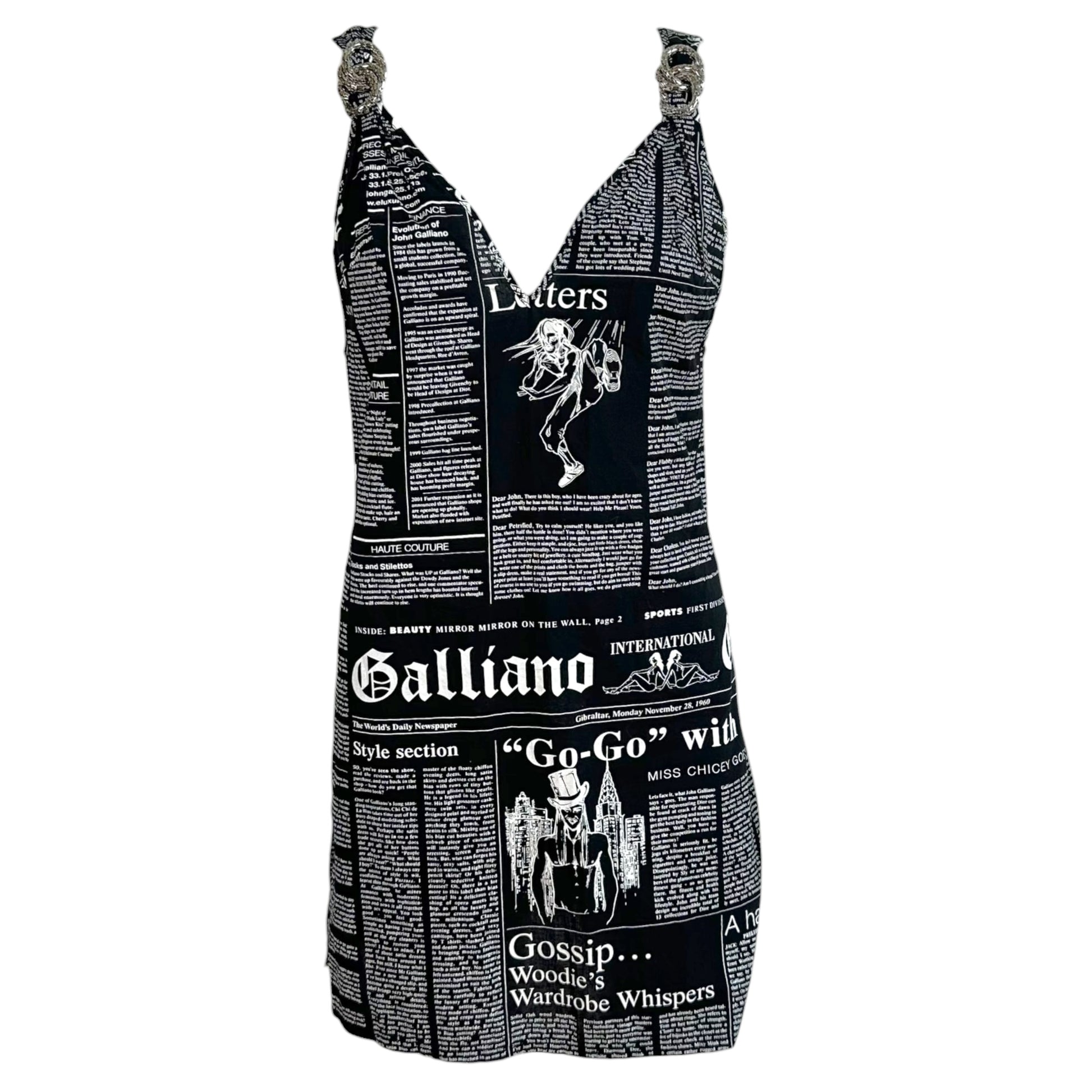 John Galliano Mini Shift Dress Black White Gazette Print