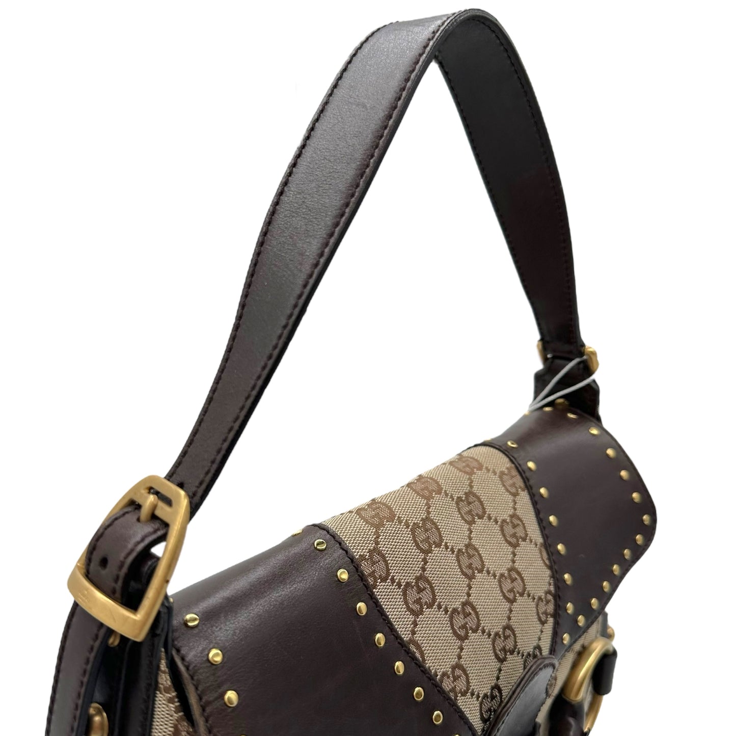 Gucci Studded Tan Monogram Horsebit Bag - Outfit Repeater