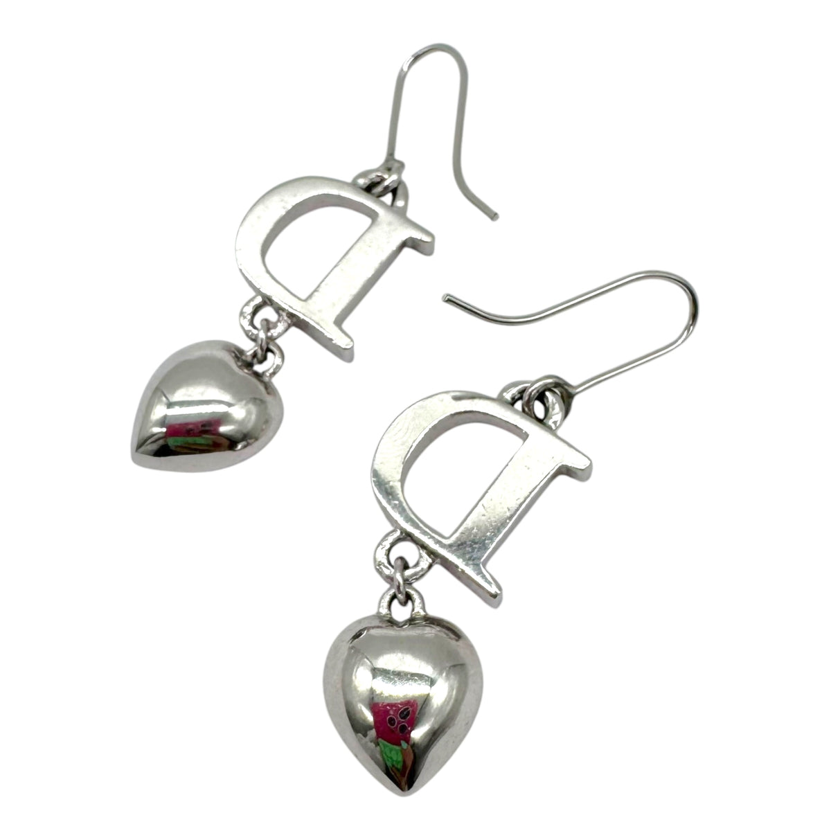 Christian Dior Dangly Earrings Silver D Logo Pink Crystal