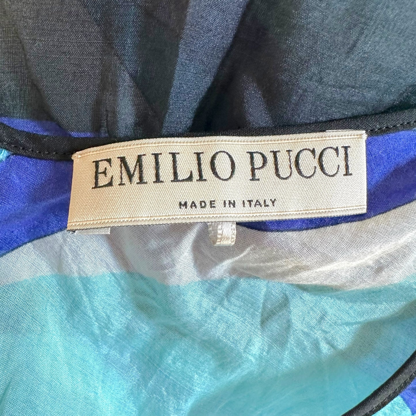 Emilio Pucci Blue & Green Silk Blend Semi-Sheer Blouse Top