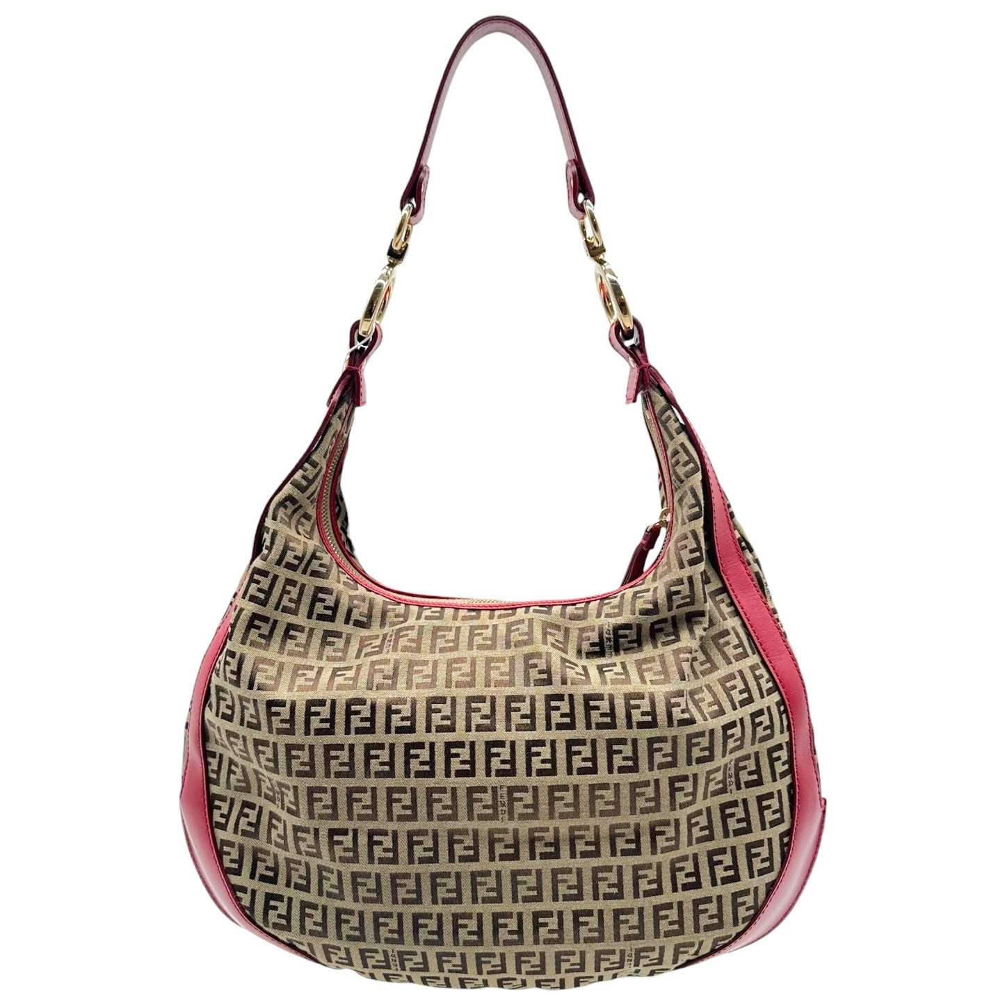 Fendi Tan Zucchino & Red Leather Crescent Hobo Shoulder Bag