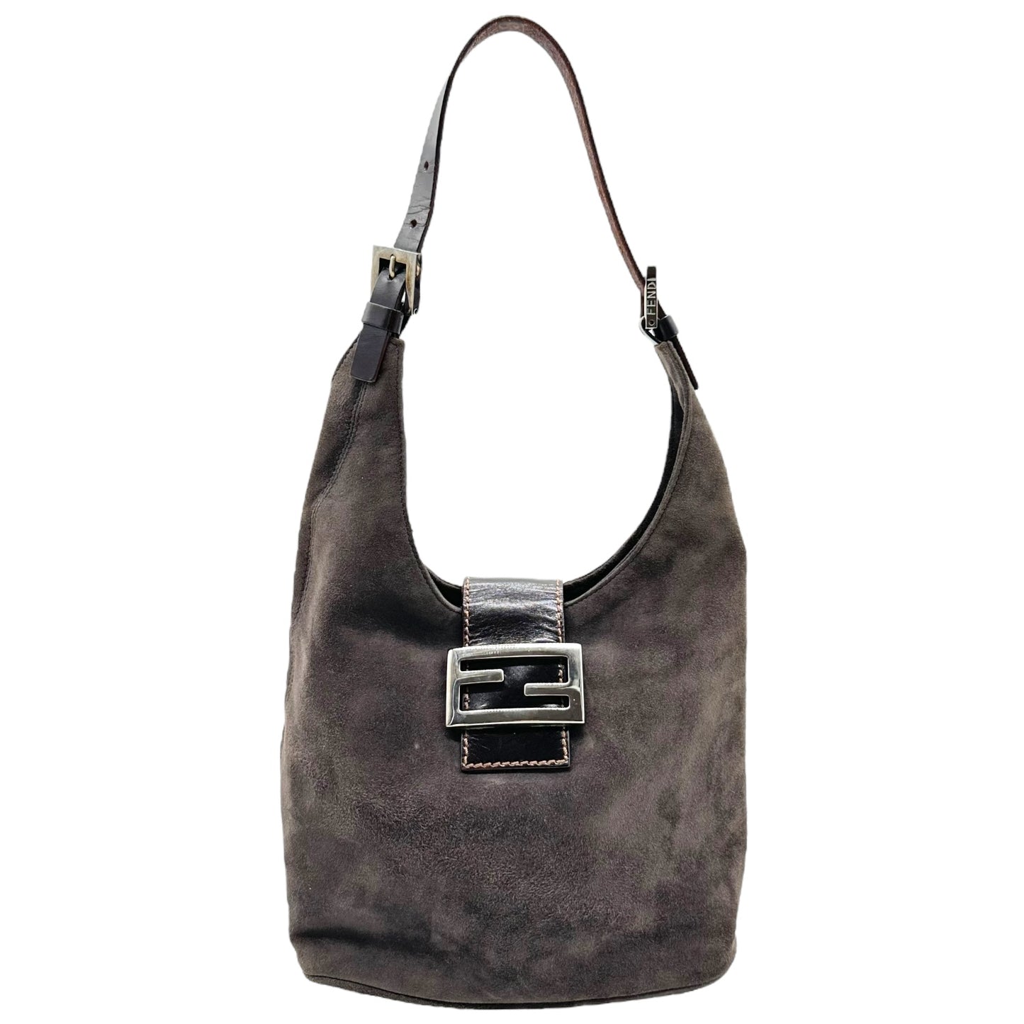 Fendi Gray Suede & Leather Shoulder Bucket Baguette Bag
