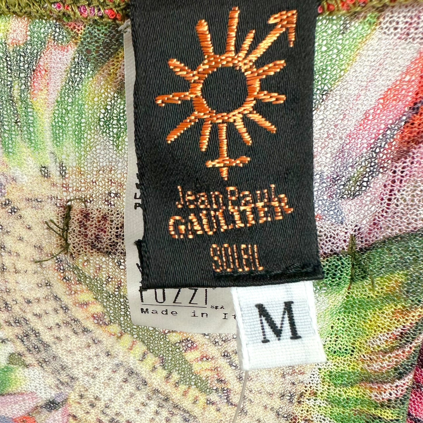 Jean Paul Gaultier Soleil Olive Green Multi Tropical Print Mesh Off-Shoulder Dolman Top