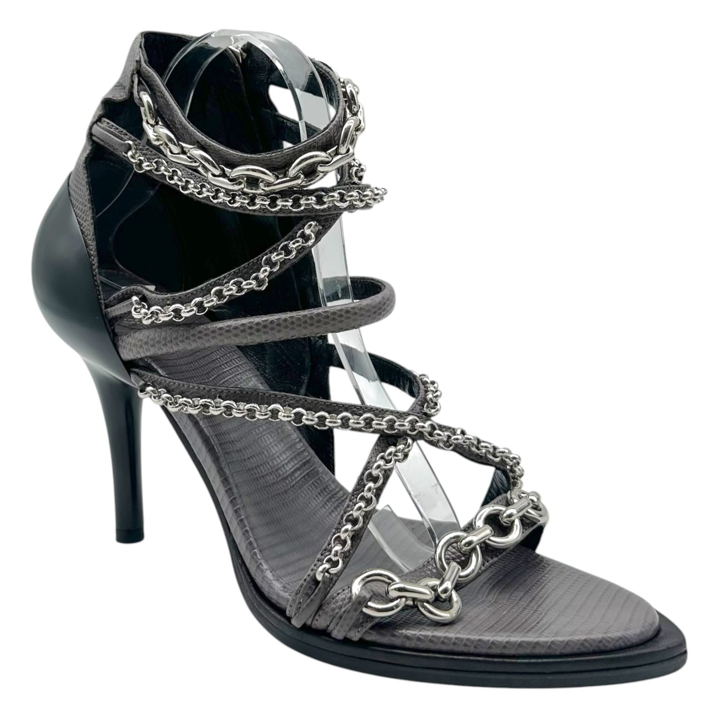 Chloé Dark Gray Lizard Embossed Silver Chain Strappy Sandal Heels