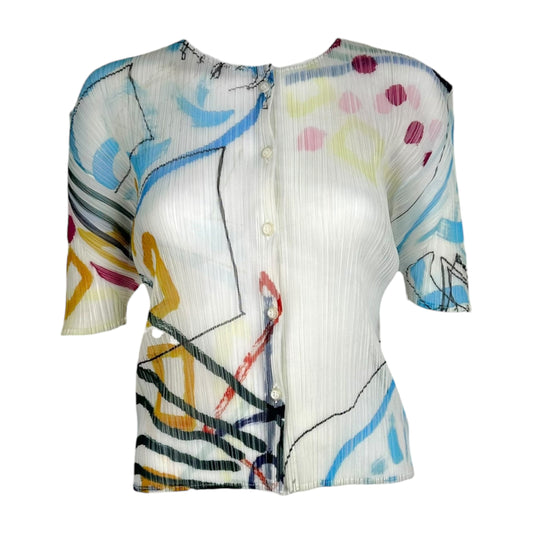 Issey Miyake Pleats Please Multicolor Printed Pleated Mesh Short Sleeve Cardigan