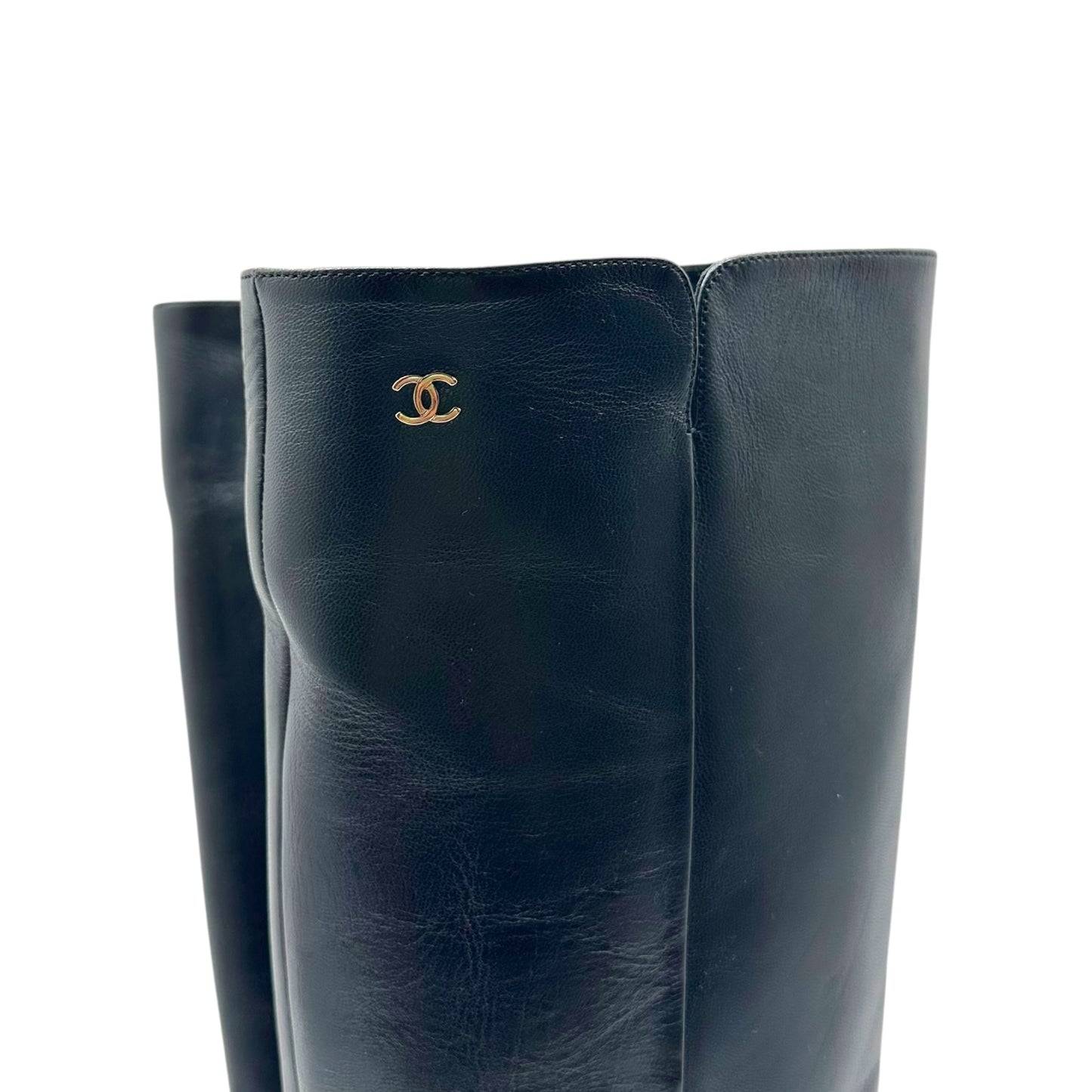 Chanel Black Leather Suede Knee High Wedge Boots