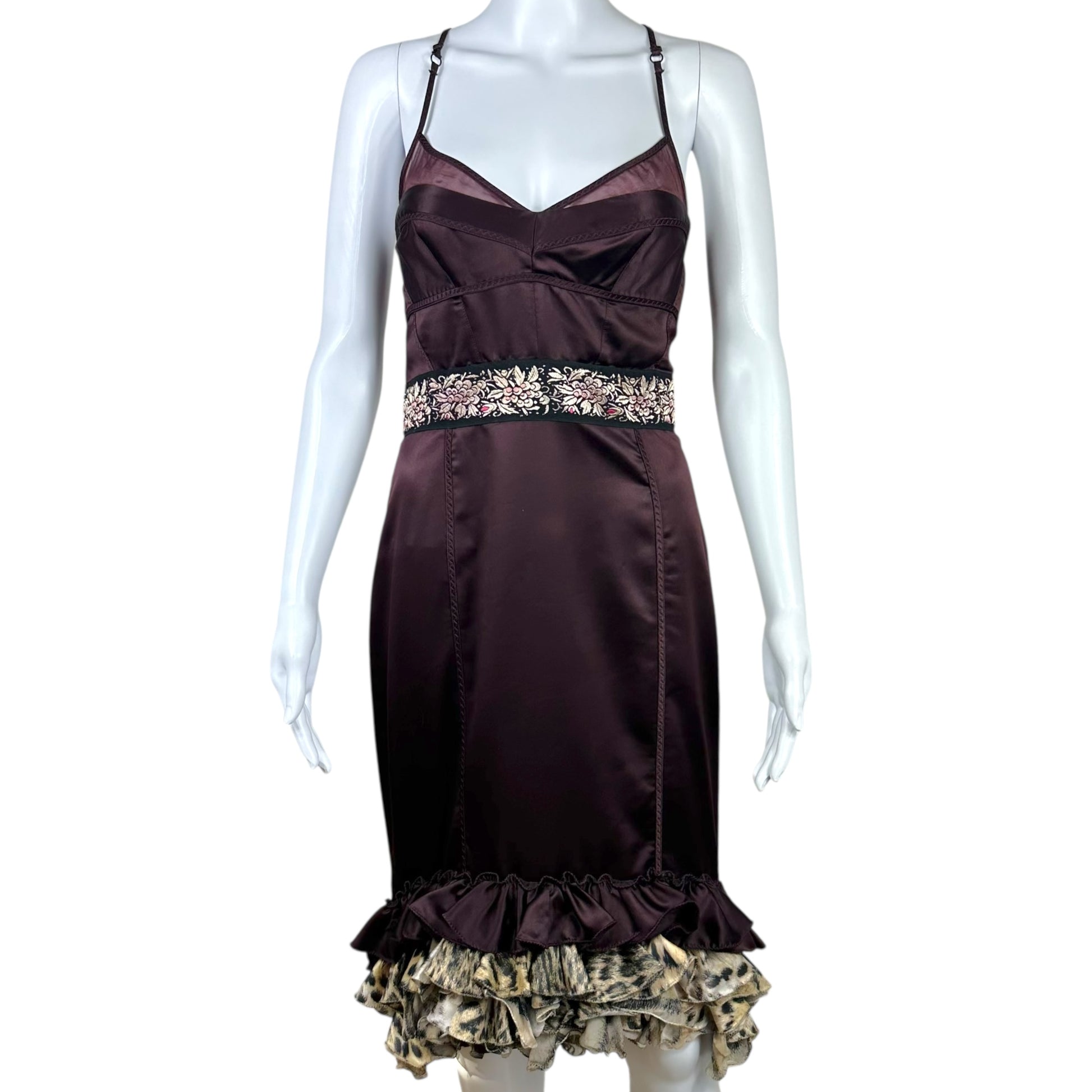 Just Cavalli Roberto Cavalli Burgundy Satin Bustier Midi Dress w/ Leopard Trim - Outfit Repeater