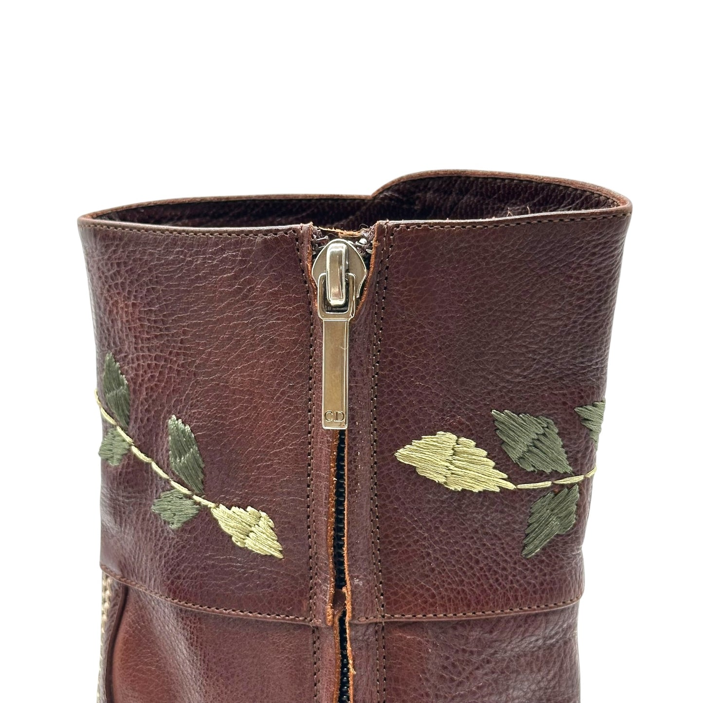 Christian Dior Brown Leather Embroidered Floral Heeled Boots