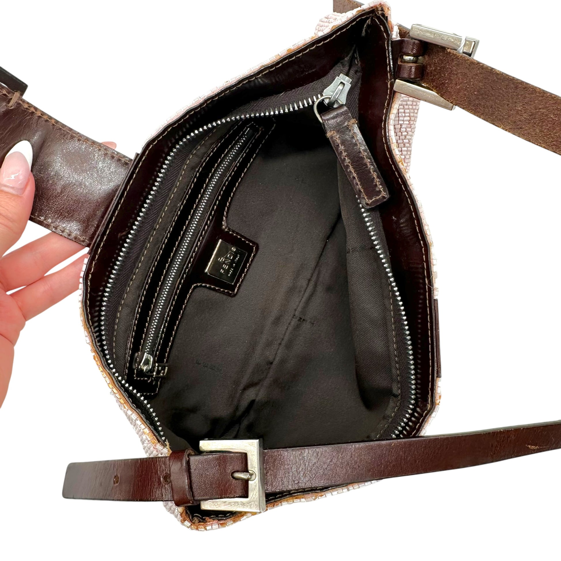 Fendi Crossbody Baguette Bag Light Pink Beaded Brown Leather