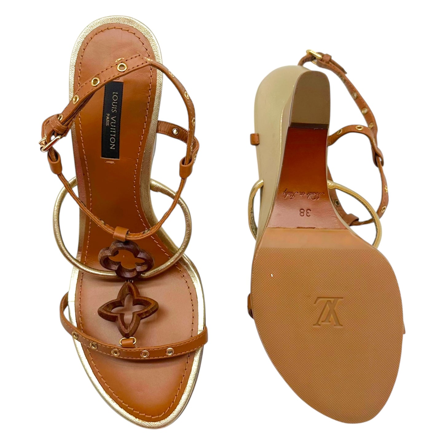 Louis Vuitton Brown & Gold Logo Motif Wooden Wedge Heel Sandals