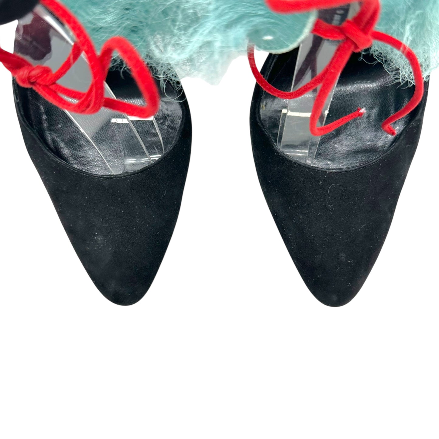 Manolo Blahnik Black Suede Teal Shearling Wrap Heels