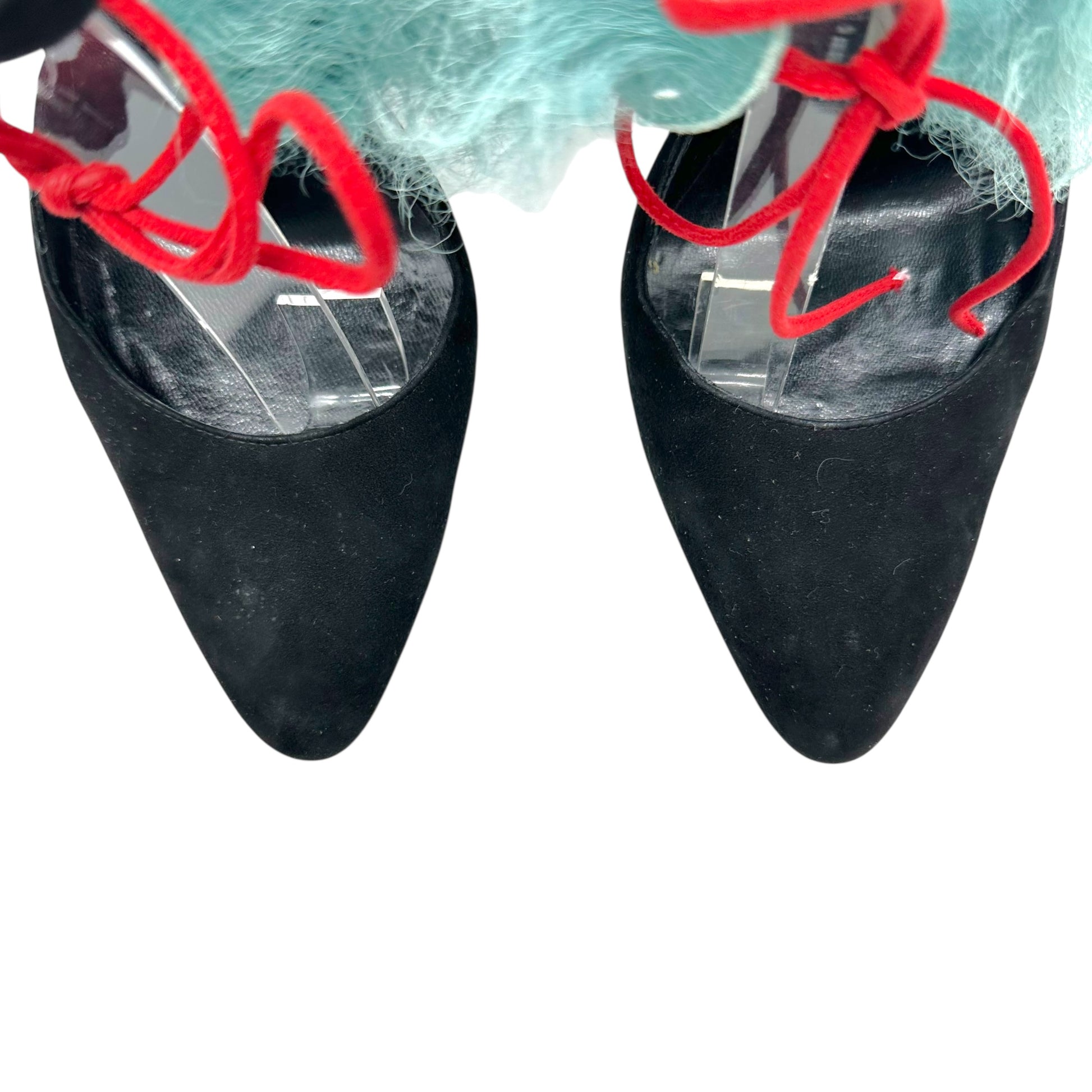 Manolo Blahnik Black Suede Teal Shearling Wrap Heels