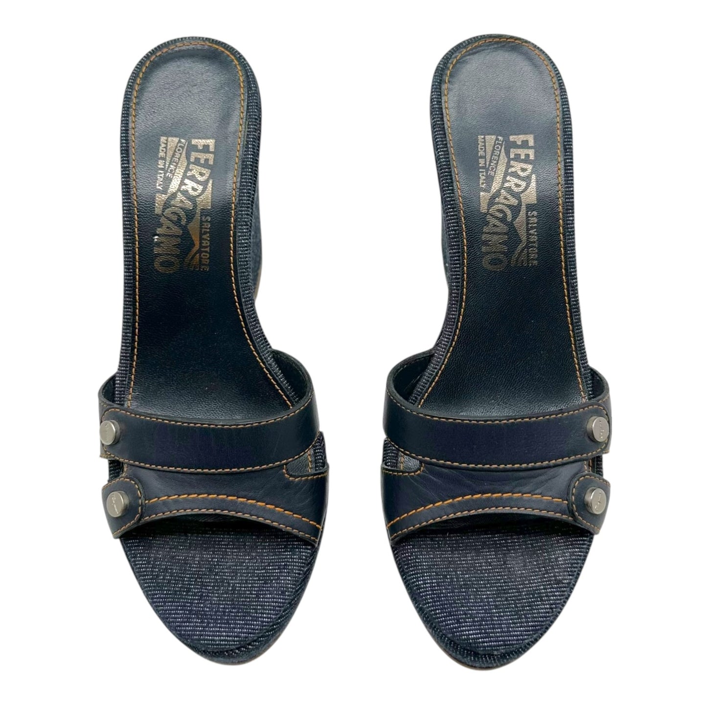 Salvatore Ferragamo Denim Mule Wedge Sandals