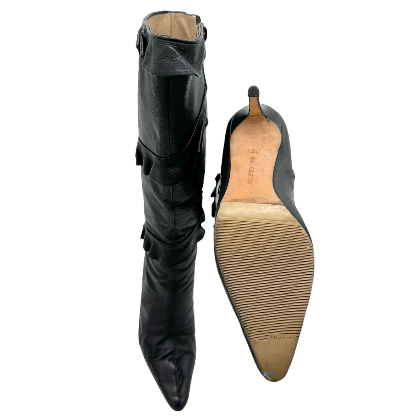 Manolo Blahnik Ruffle Black Leather Pointed Toe Boots - Outfit Repeater