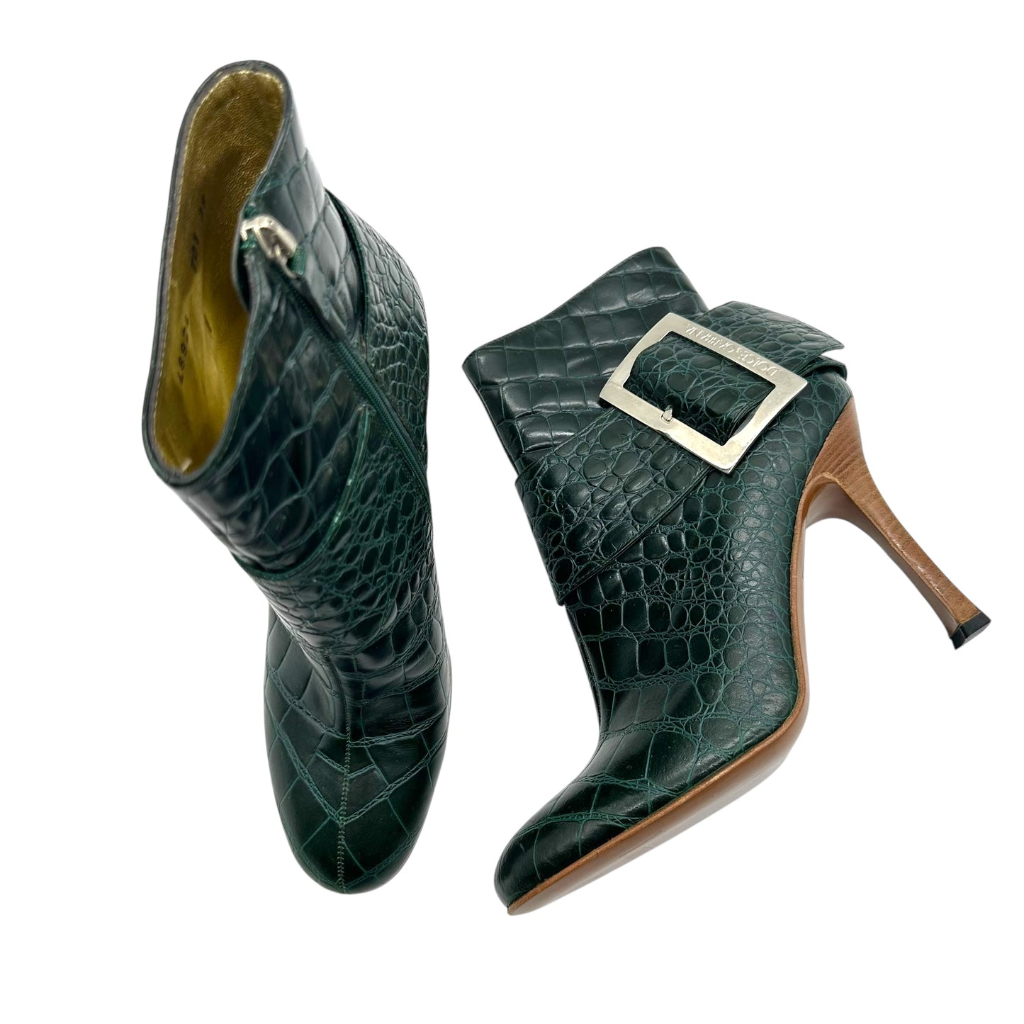 Dolce & Gabbana Green Croc Embossed Buckle Heeled Boots