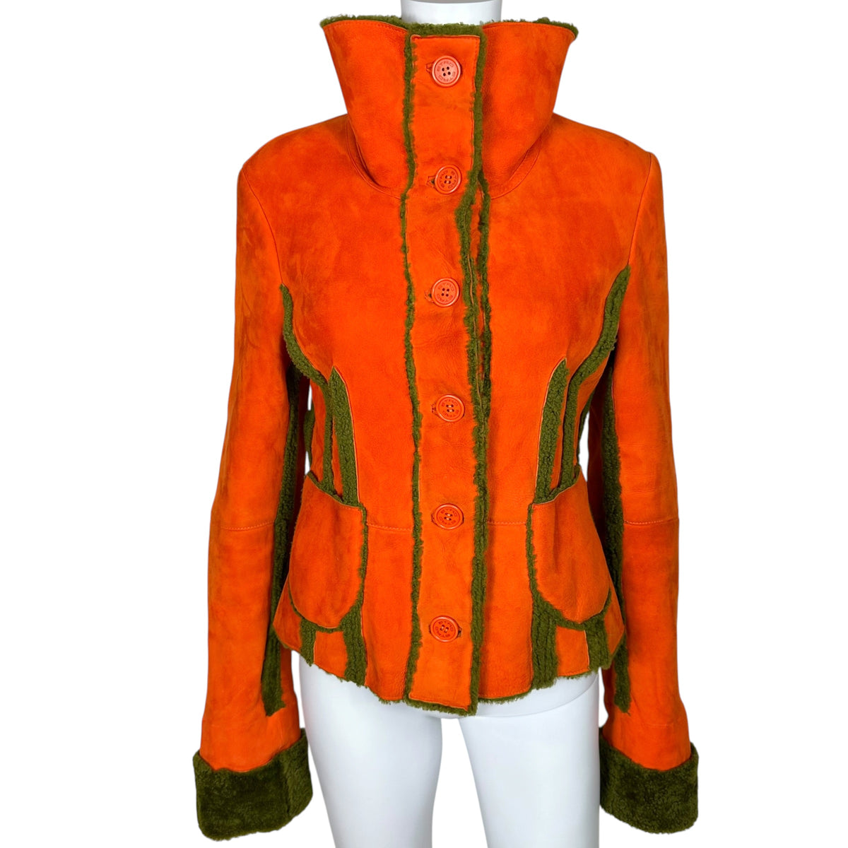 Etro Shearling Jacket Orange Khaki Green Button-Up