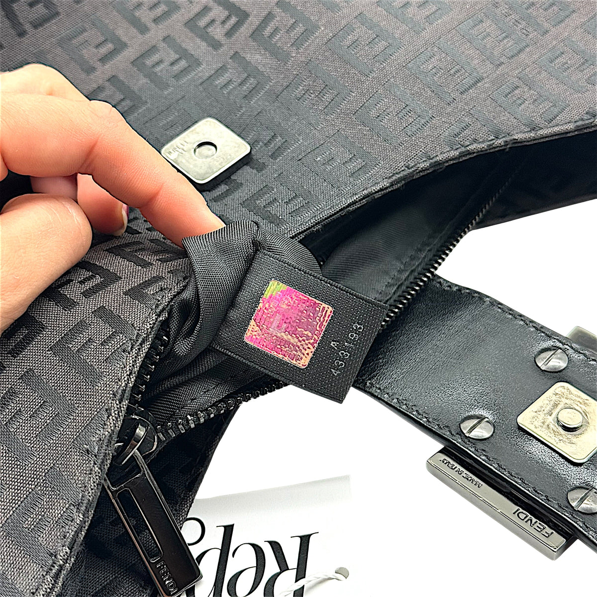 Fendi Black Zucchino Monogram Shoulder Baguette Bag