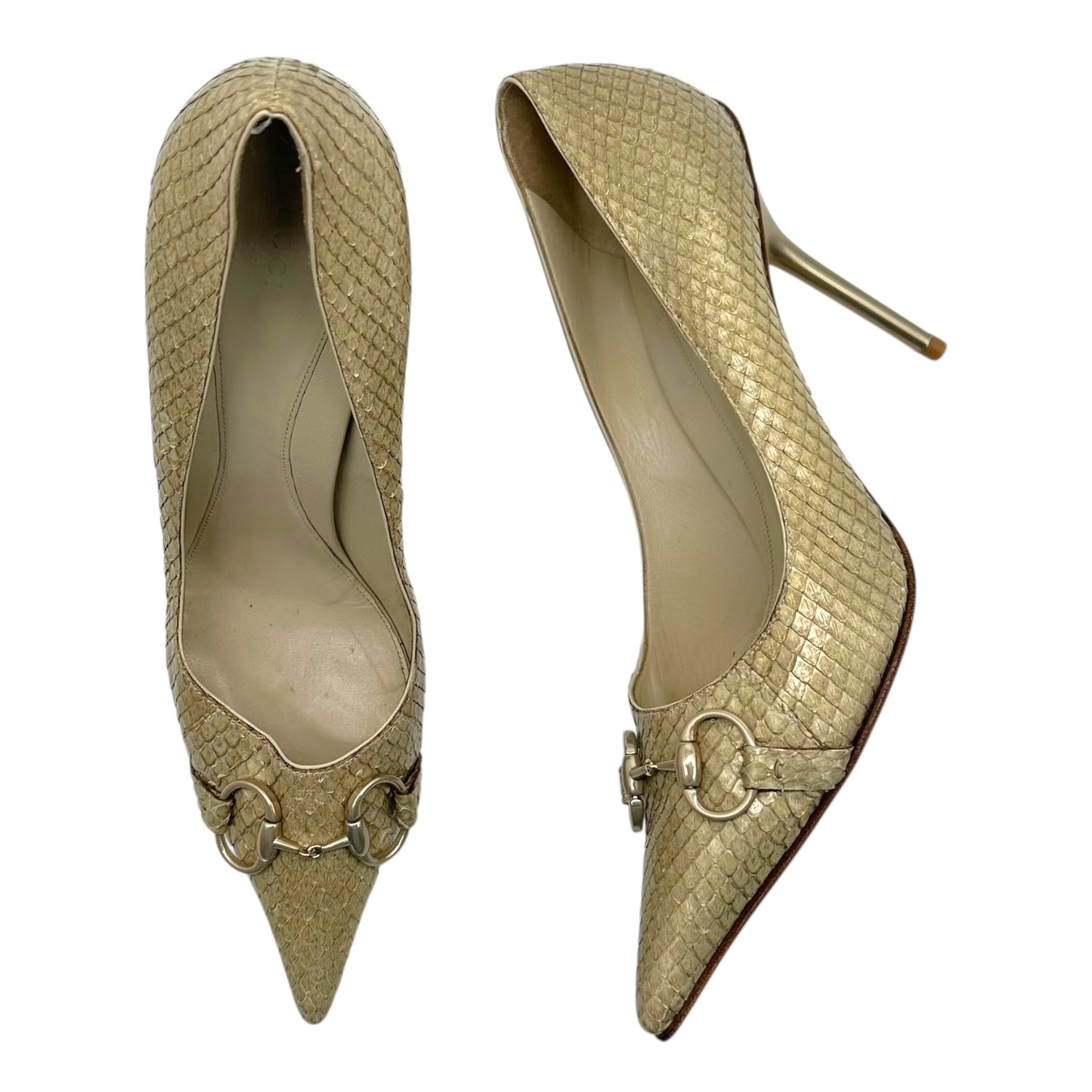 Gucci Ivory Python Horsebit Pointed Toe Heels