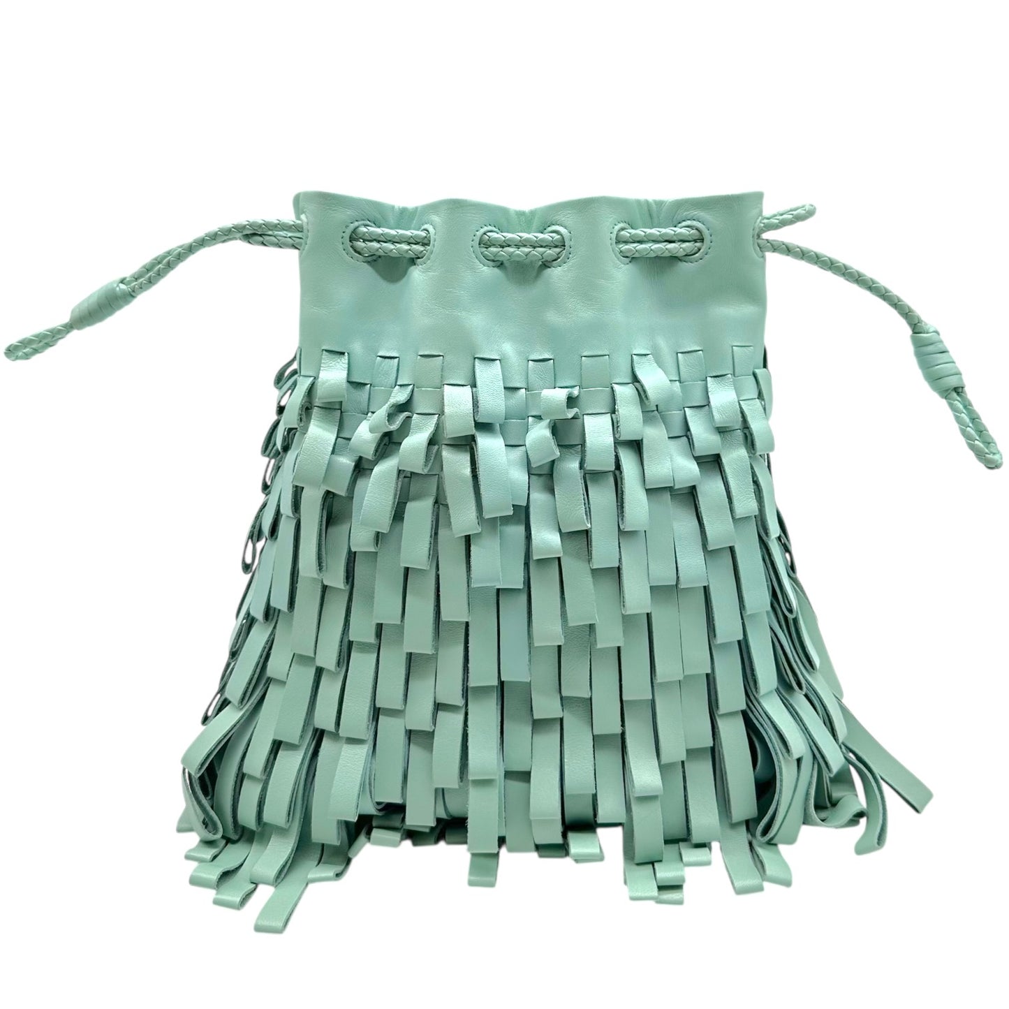 Bottega Veneta Aqua Blue Leather Fringe Drawstring Clutch Bag