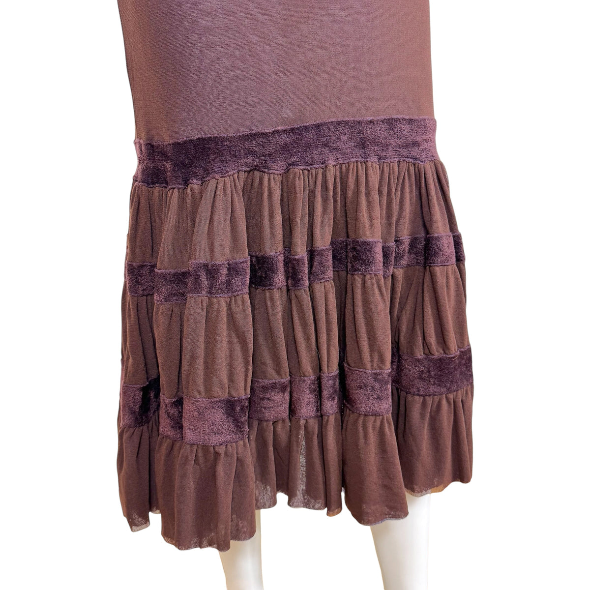 Jean Paul Gaultier Burgundy Mesh & Velvet Tiered Tutu Hem Midi Skirt