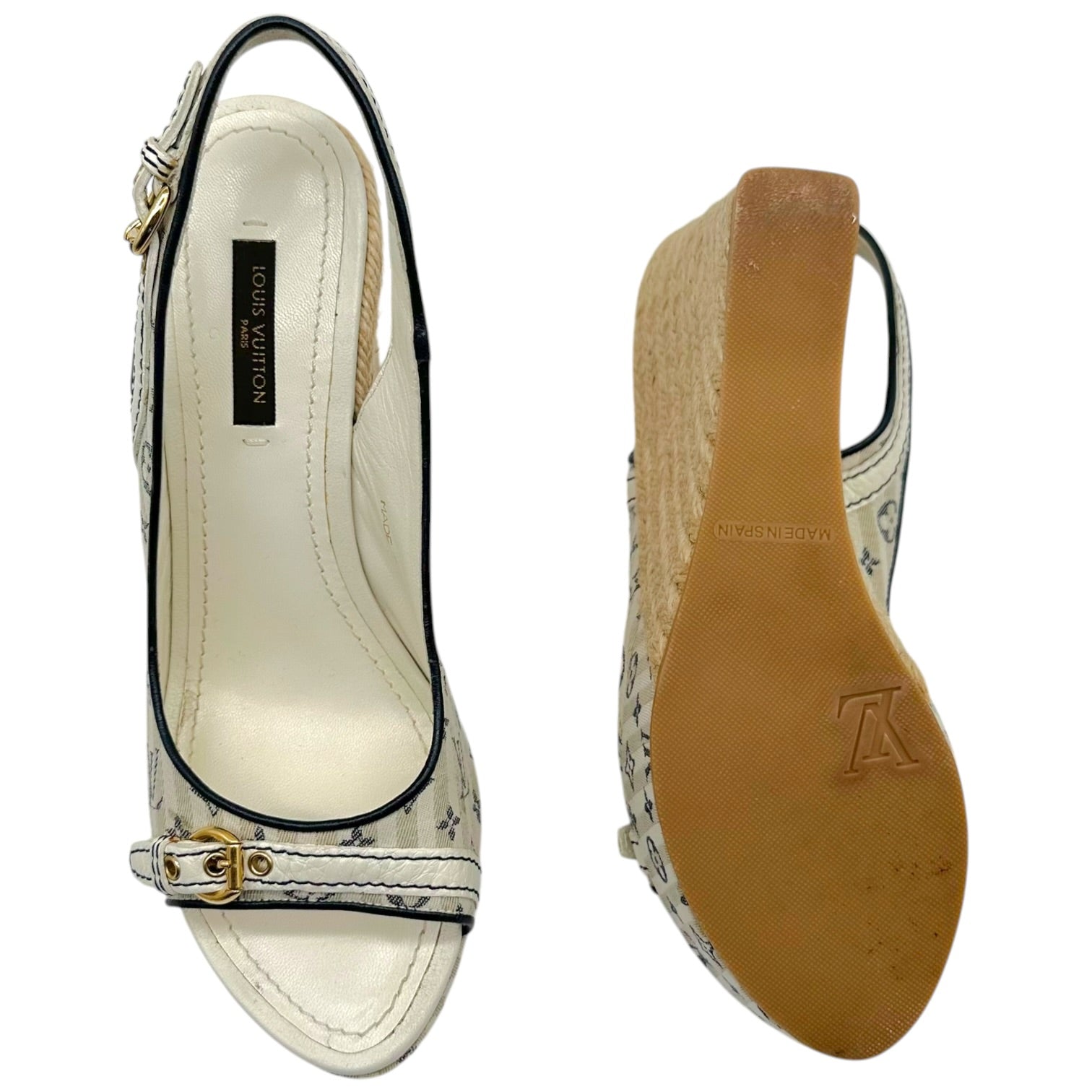 Louis Vuitton Navy Blue Striped Slingback Wedge Heels