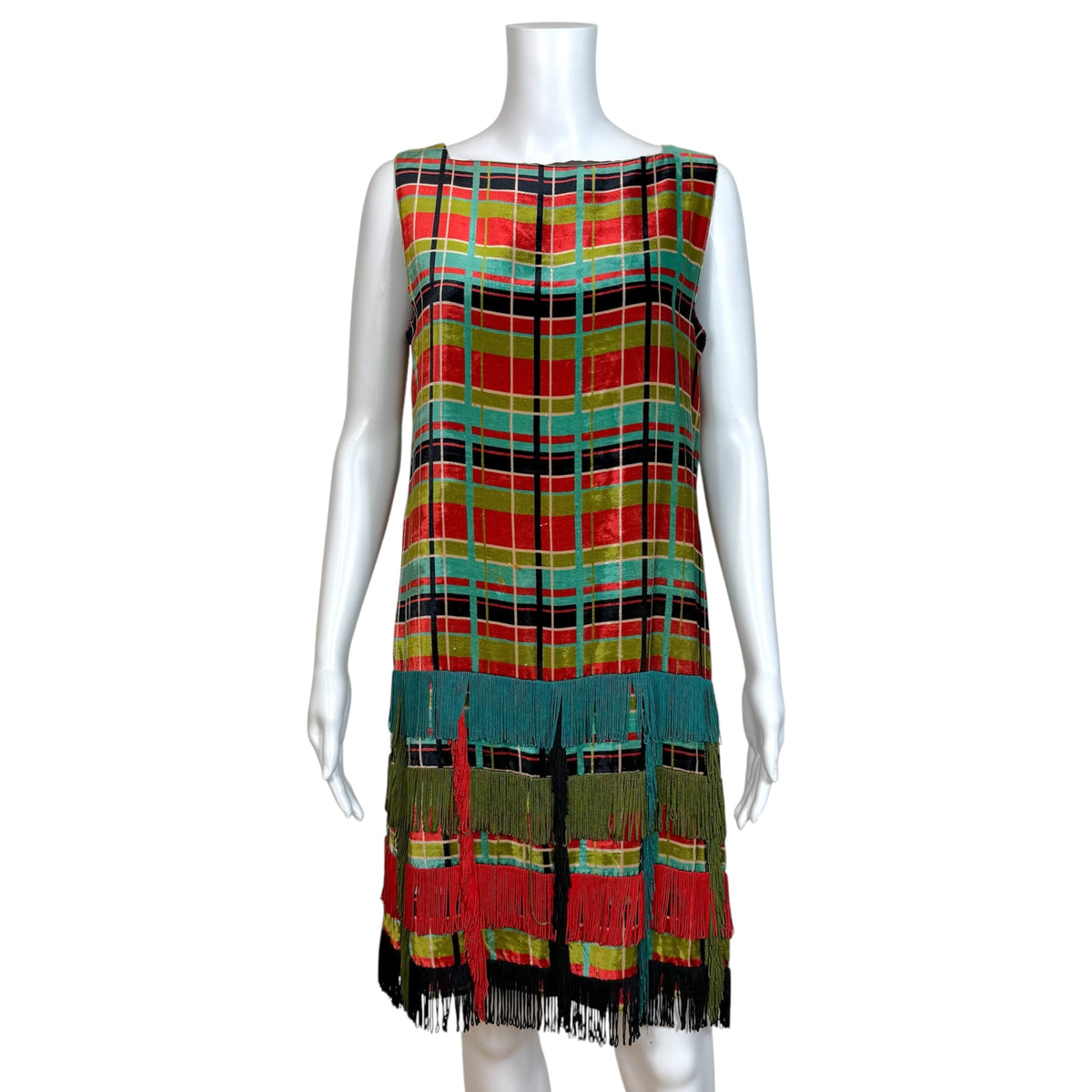 Jean Paul Gaultier S/S 1998 Multicolor Plaid Print Velvet & Fringe Trim Shift Midi Dress