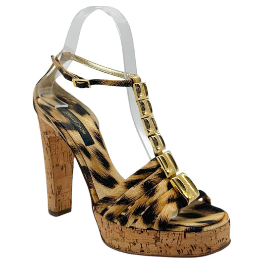 Roberto Cavalli Leopard Satin & Gold Embellished Cork Platform Sandal Heels