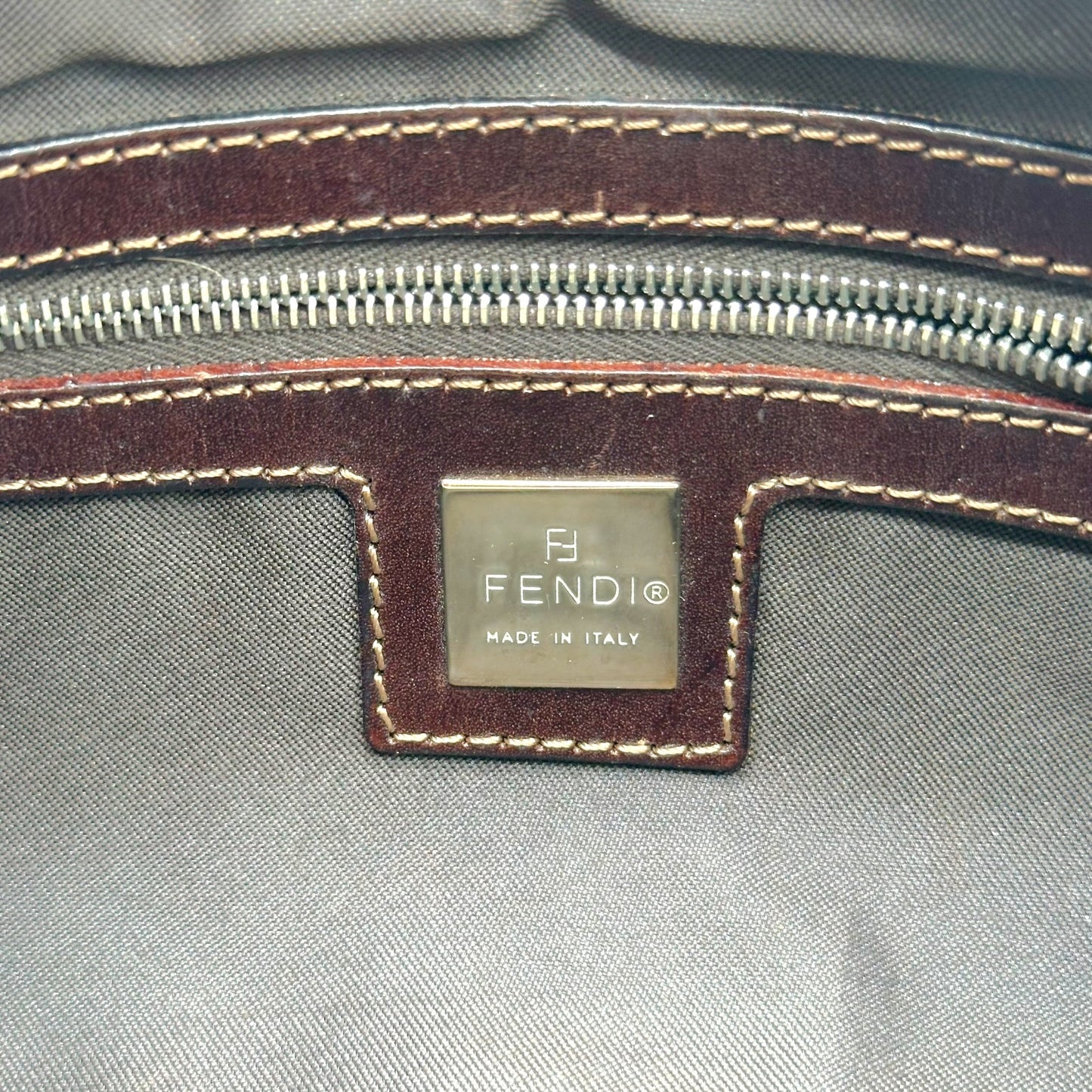 Fendi Ivory Zucca & Brown Leather Baguette Bag