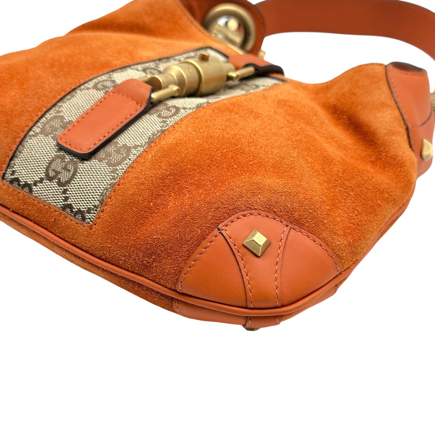 Gucci Small Piston Lock Shoulder Bag Burnt Orange Suede