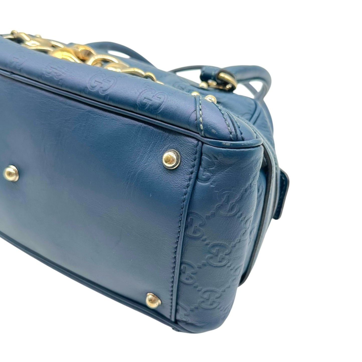 Gucci Navy Blue & Gold Bamboo Guccissima Monogram East-West Shoulder Bag