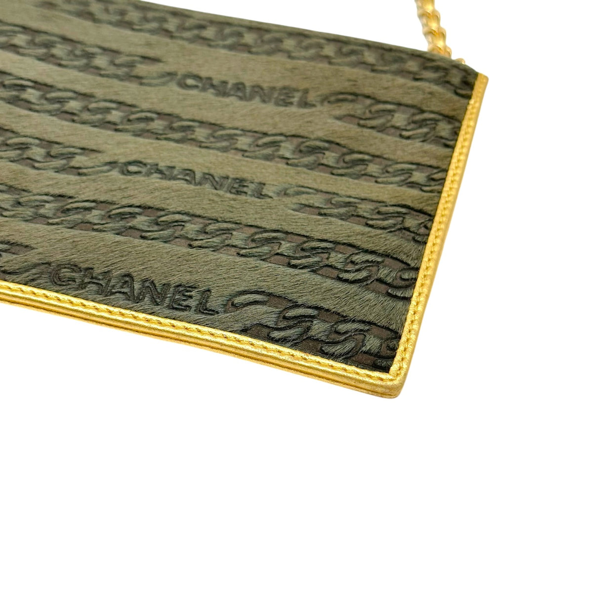 Chanel Pochette Bag Khaki Green Ponyhair Gold Leather