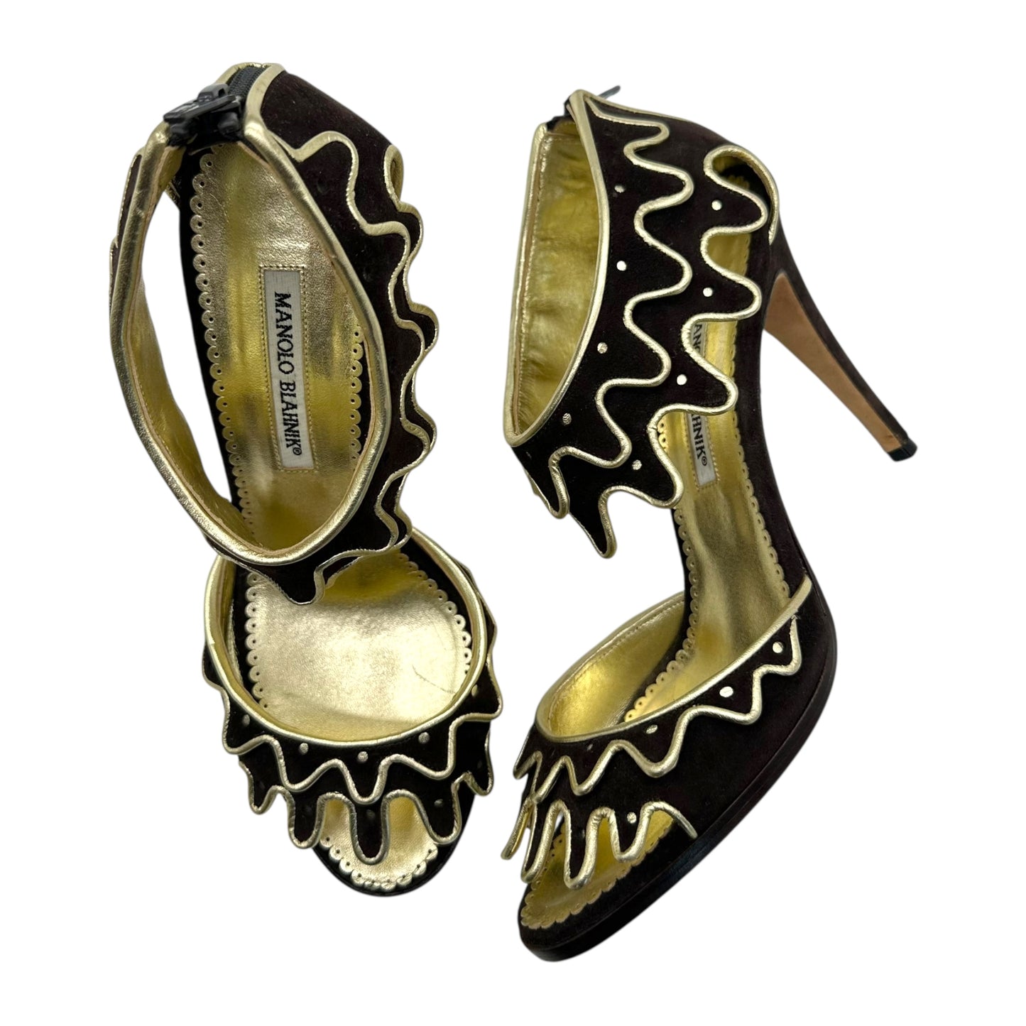Manolo Blahnik Brown Suede & Gold 'Melting' Heels