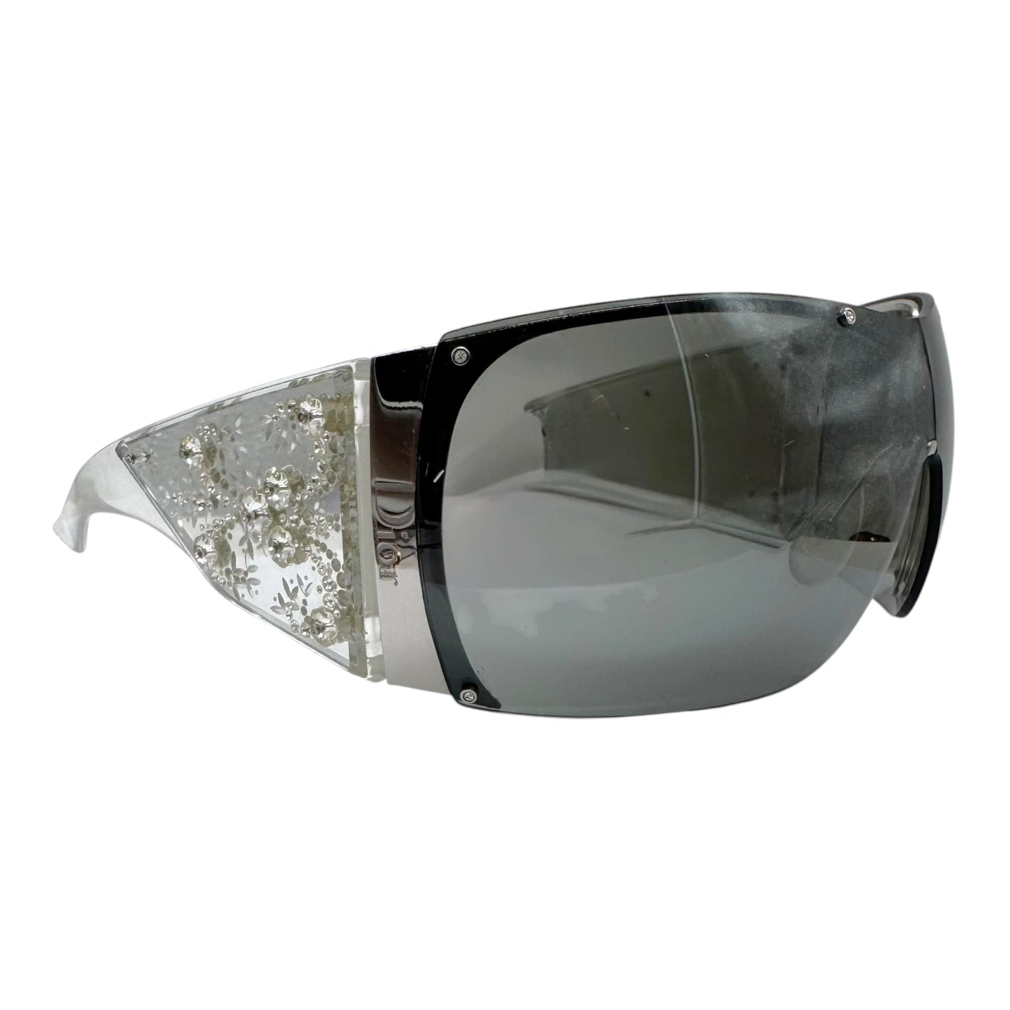 Christian Dior DiorGrandSalon Silver Mirrored Rhinestone Embellished Shield Sunglasses w/ Box