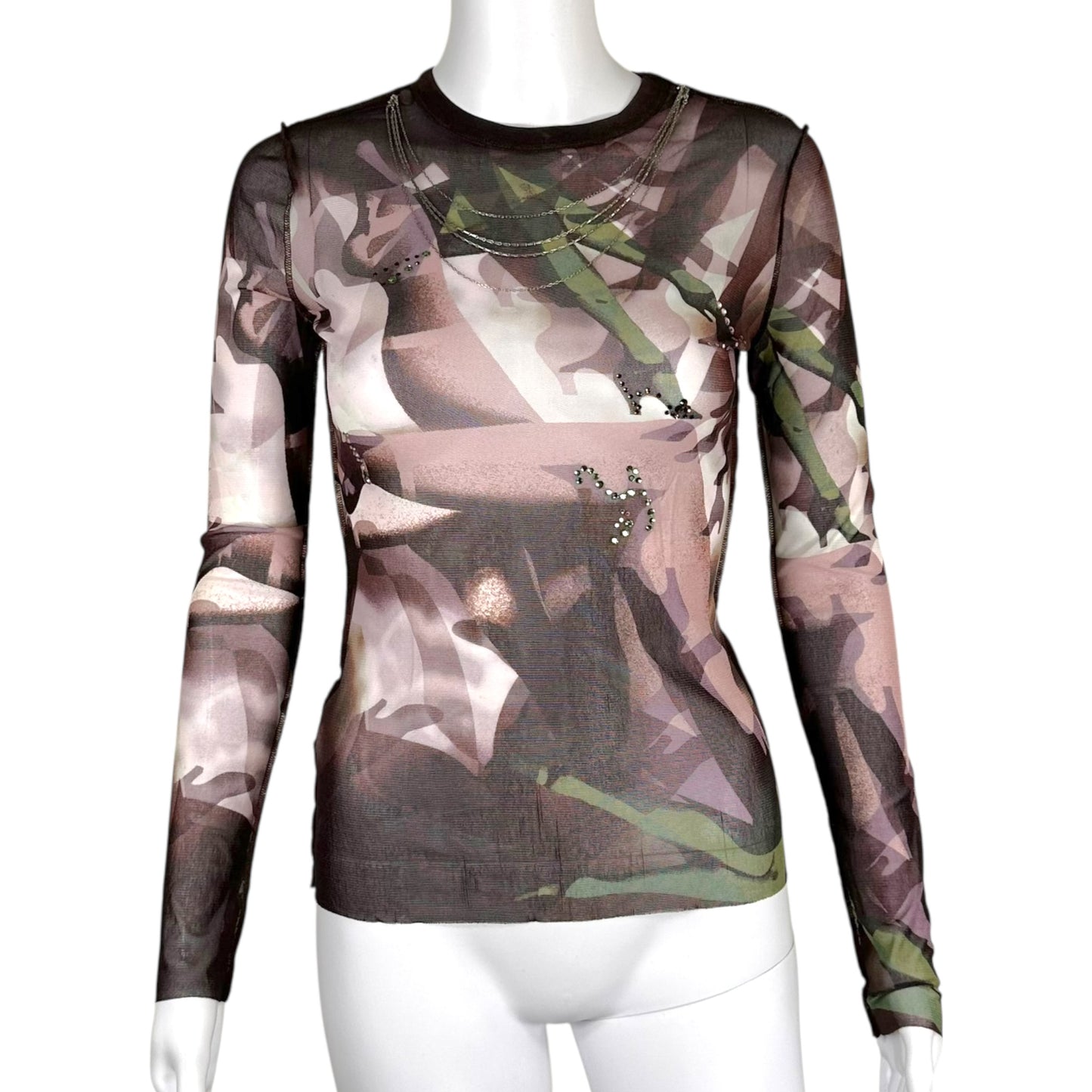 Jean Paul Gaultier Shoe Print Rhinestone & Chain Mesh Longsleeve Top