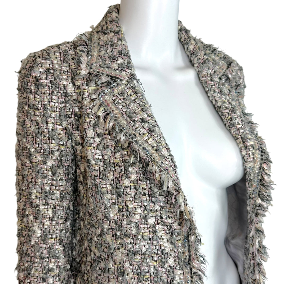 Chanel Tweed Blazer Jacket Pink Gray Sequin Trim
