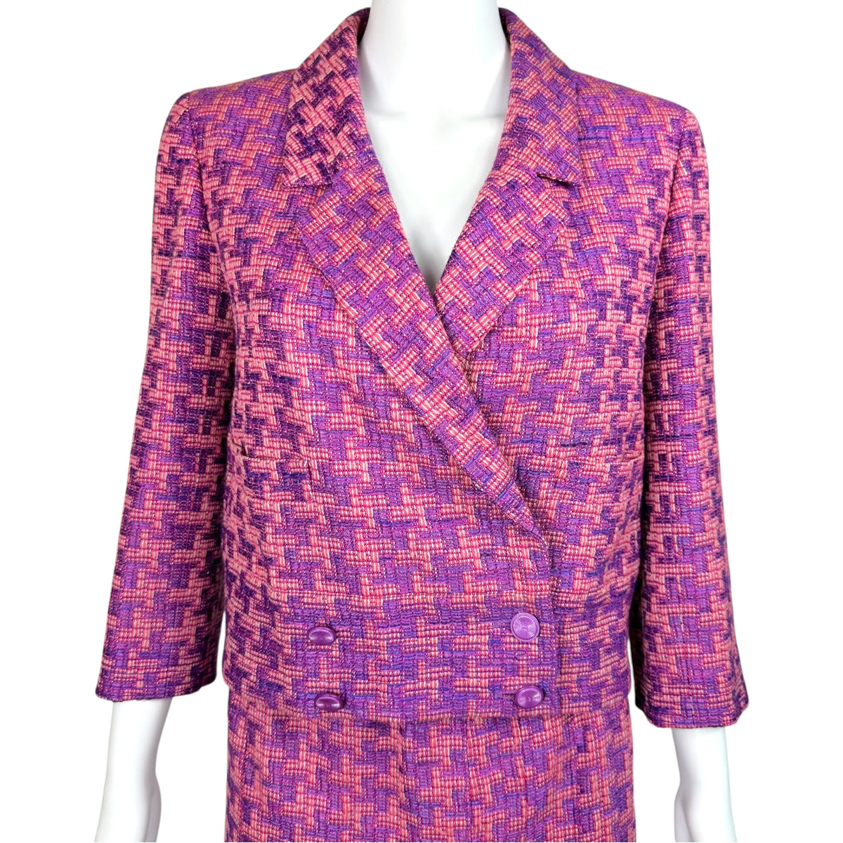 Chanel Pink Purple Houndstooth Tweed Crop Blazer Midi Skirt