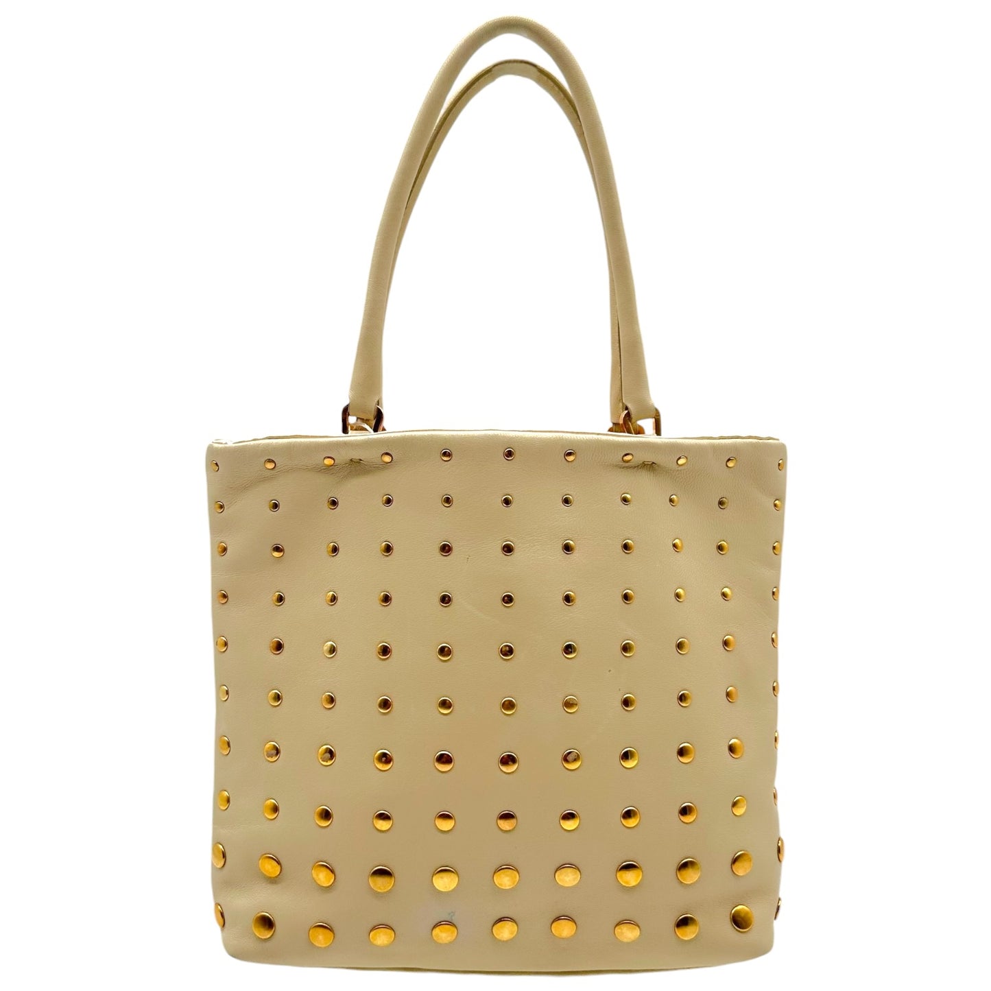 Prada Mini Tote Handbag Ivory Gold Studded Leather