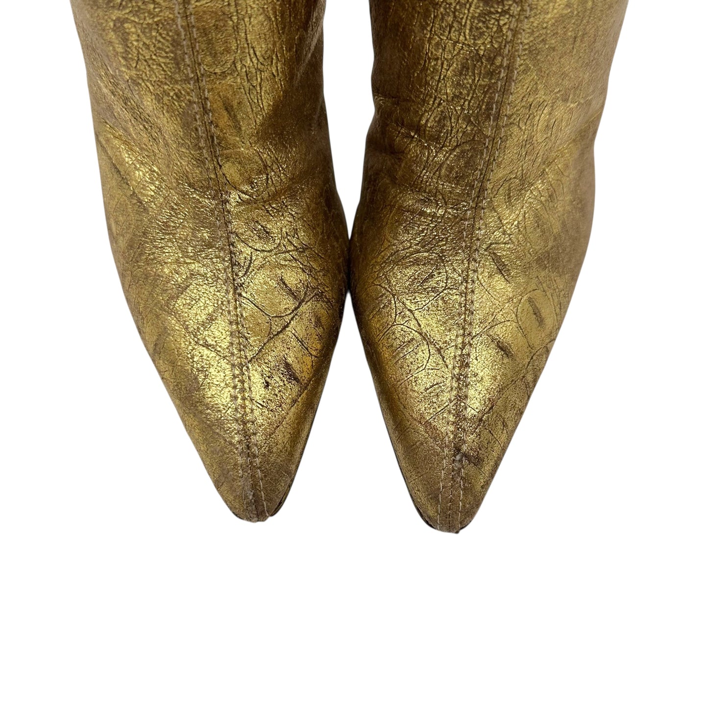 Roberto Cavalli Gold Leather Croc Embossed & Suede Heeled Boots - Outfit Repeater
