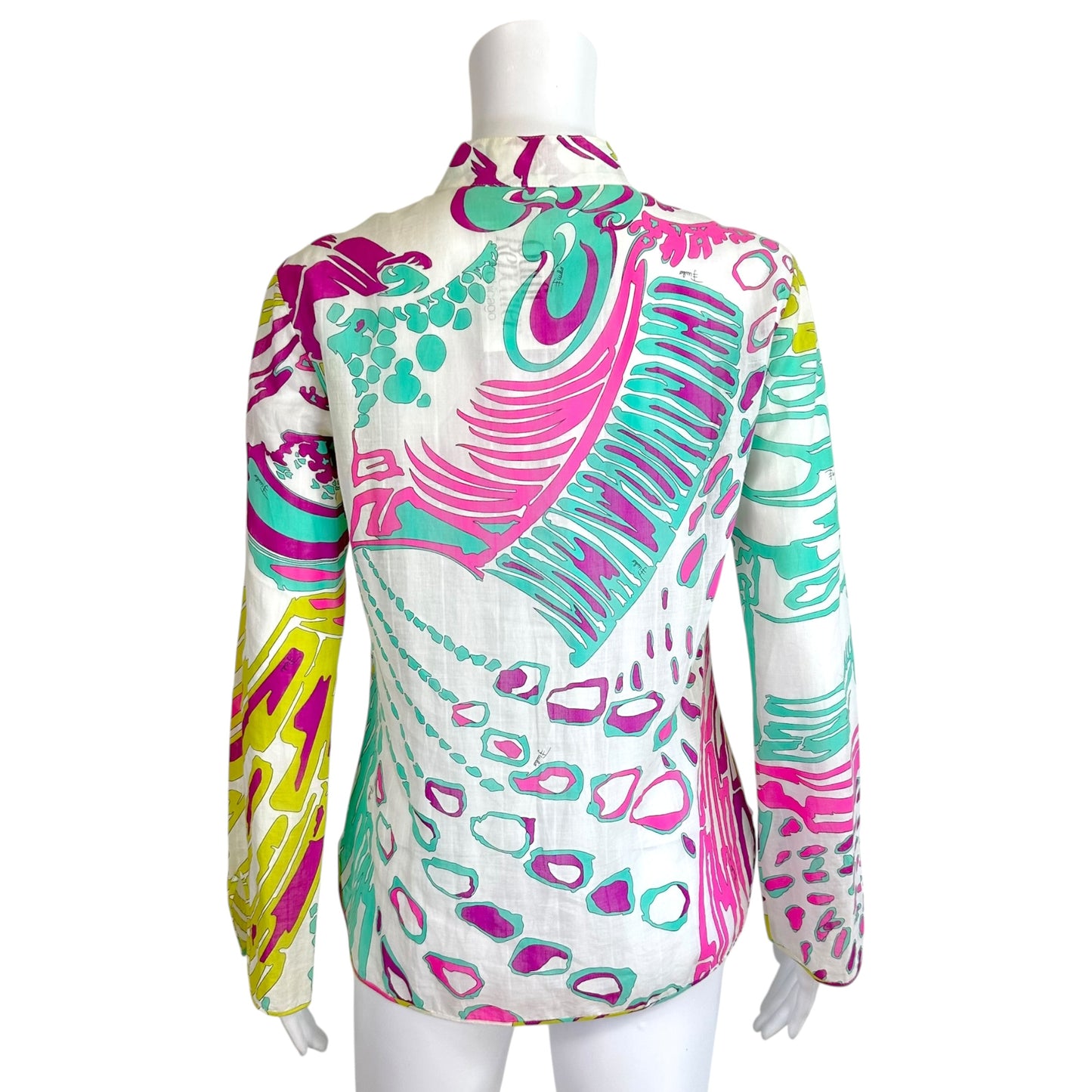 Emilio Pucci Turquoise & Pink Printed Semi-Sheer Blouse