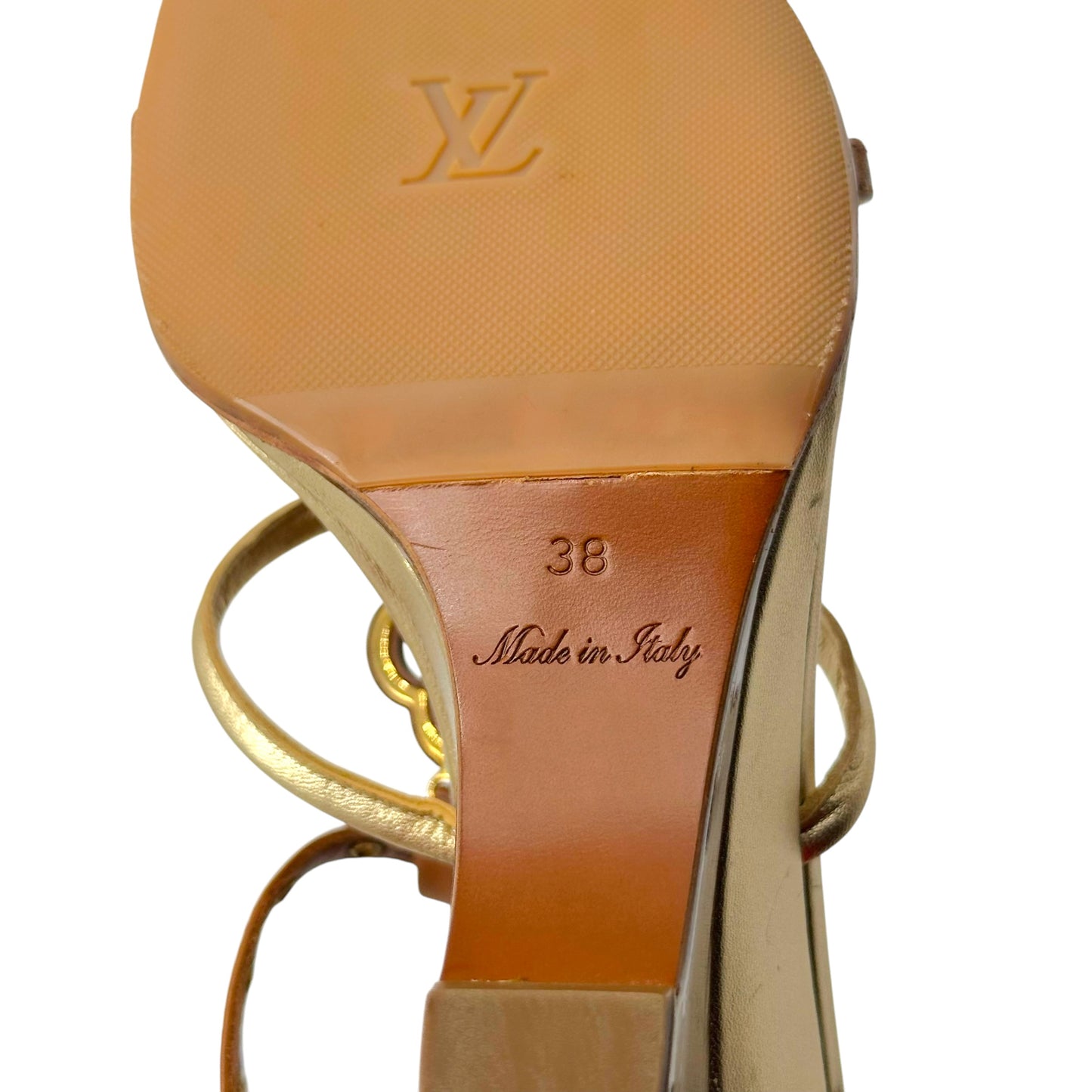 Louis Vuitton Brown & Gold Logo Motif Wooden Wedge Heel Sandals