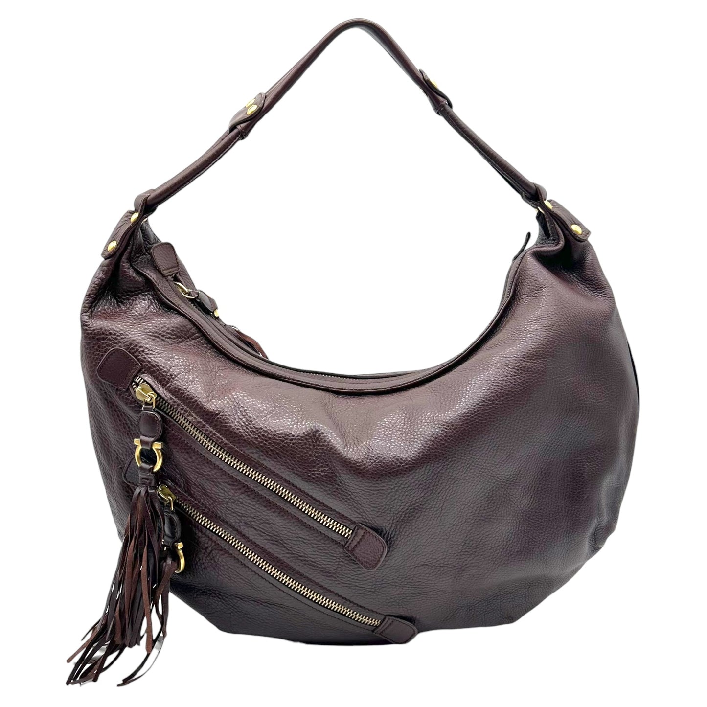 Salvatore Ferragamo Brown Leather Fringe Zip Oversized Hobo Bag