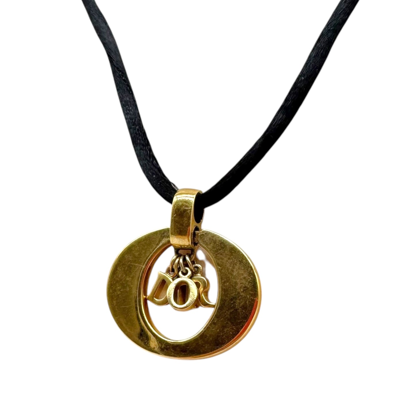 Christian Dior Black Cord Choker Necklace Gold Logo