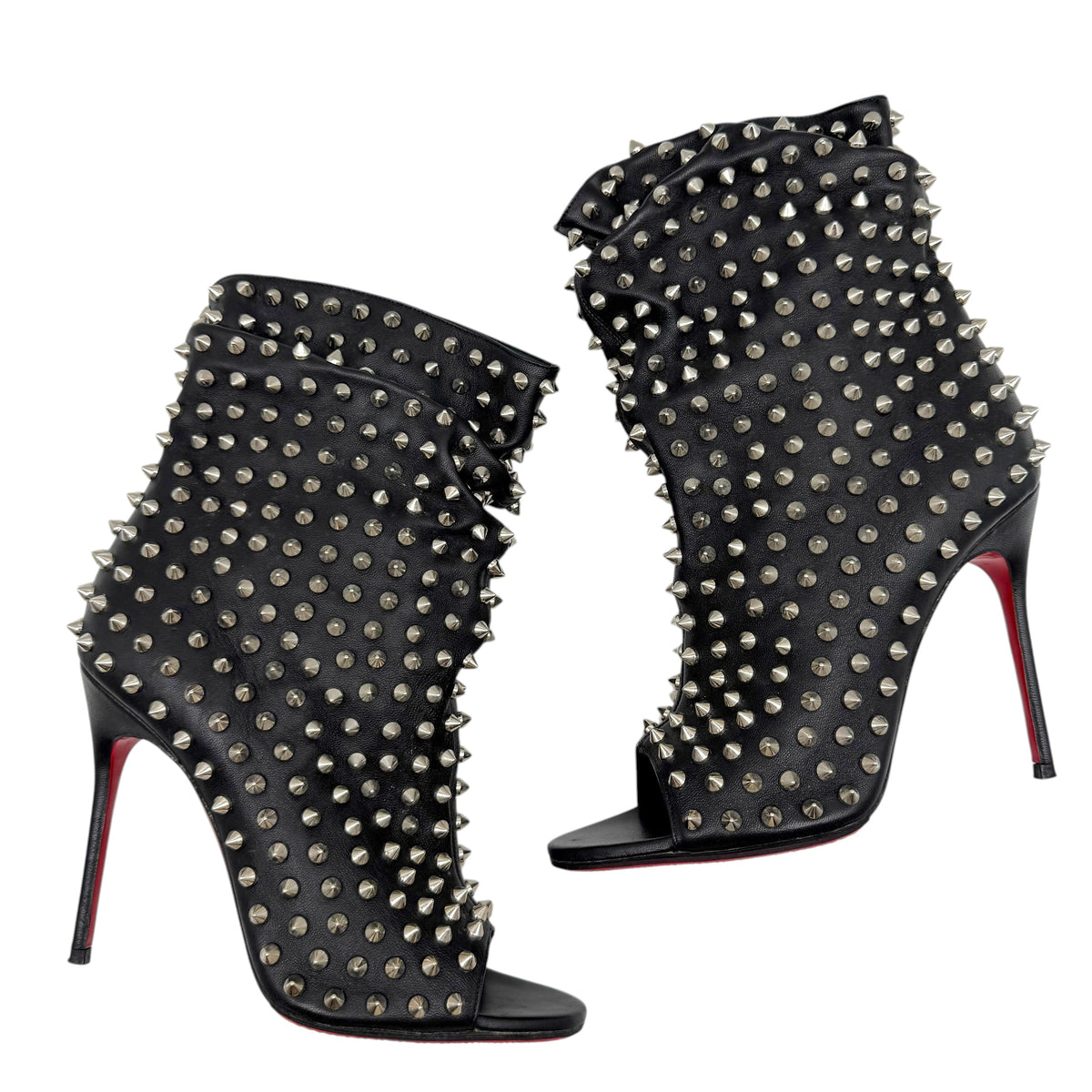 Christian Louboutin Black Silver Spike Peep-Toe Booties