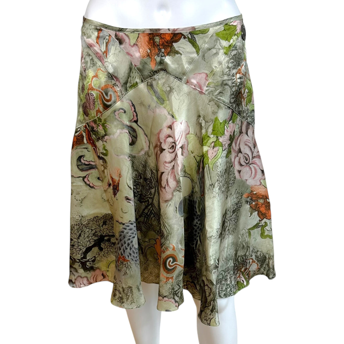 Galliano Silk Midi Skirt Light Green Floral Print
