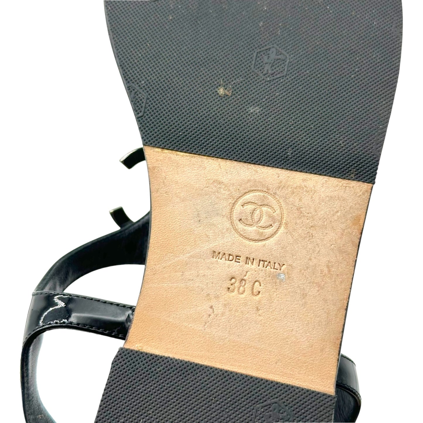 Chanel Black Patent Leather CC Logo Thong Sandals